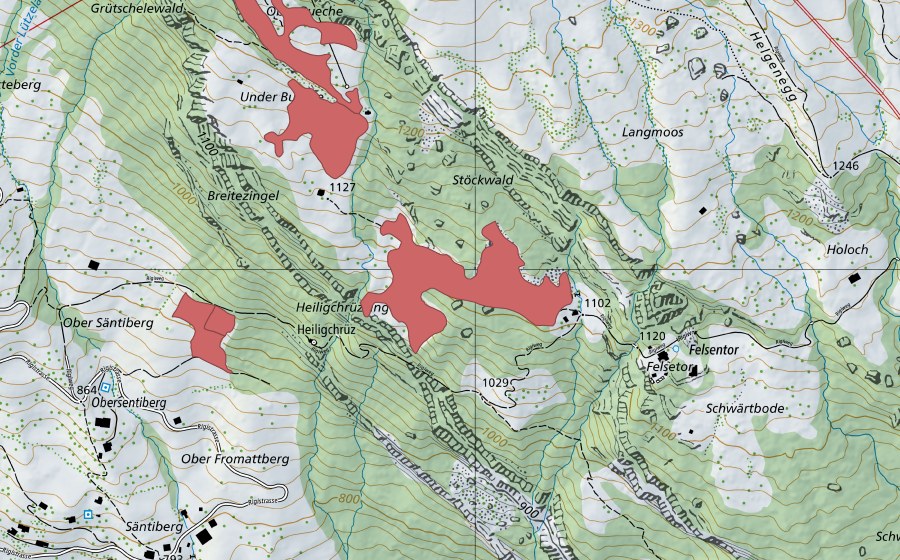 swisstopo national map showing the protected perimeter of Buechen (Dry meadow)