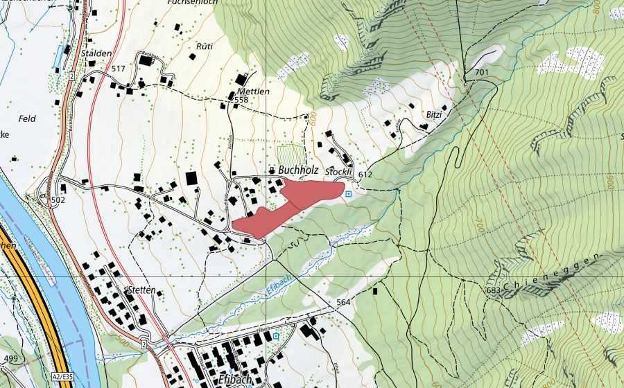 swisstopo national map showing the protected perimeter of Buechholz (Dry meadow)