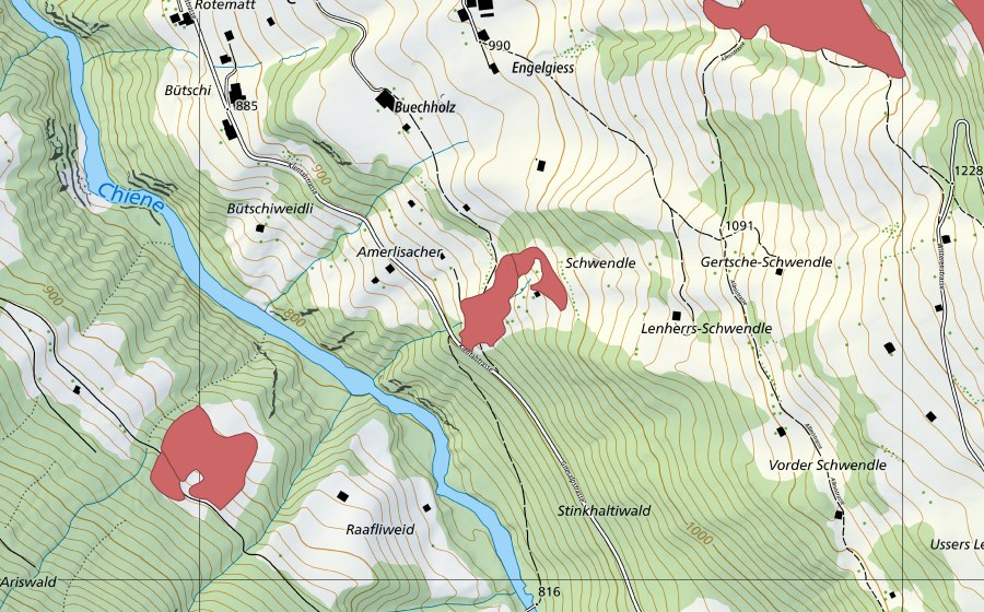 Carte nationale swisstopo avec le périmètre protégé de Buechholz (Prairie sèche)