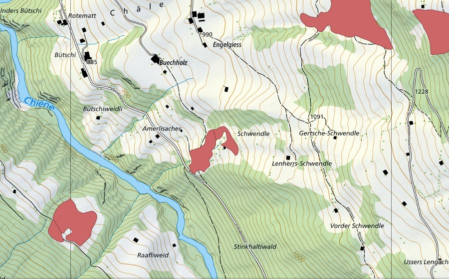 Landeskarte swisstopo mit dem Schutzperimeter von Buechholz (Trockenwiese)