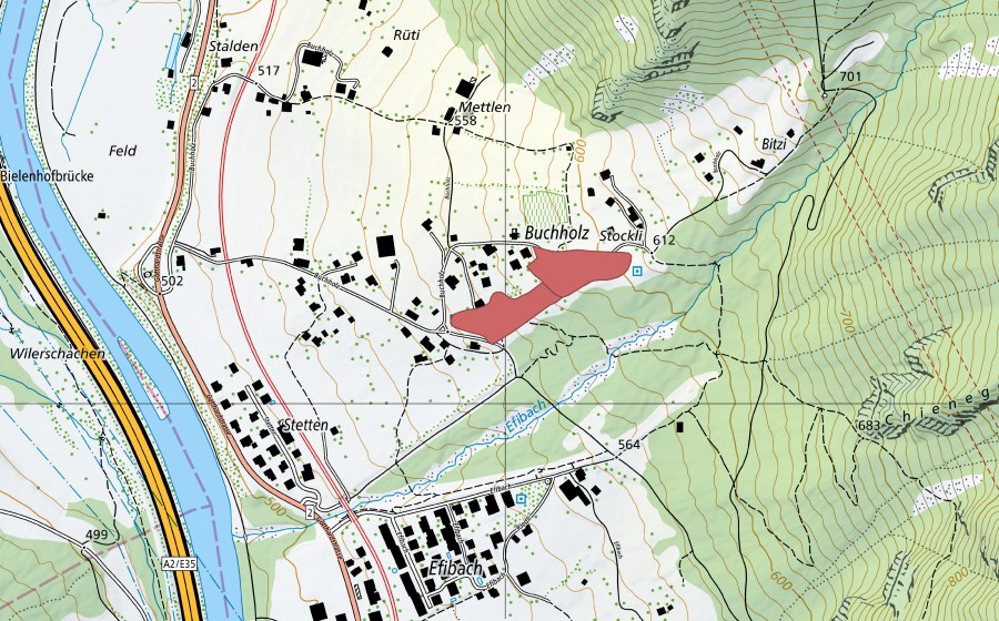 Carte nationale swisstopo avec le périmètre protégé de Buechholz (Prairie sèche)