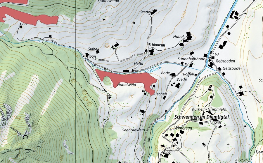 Carte nationale swisstopo avec le périmètre protégé de Buechi (Prairie sèche)