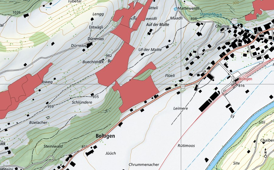 Landeskarte swisstopo mit dem Schutzperimeter von Buechistock (Trockenwiese)