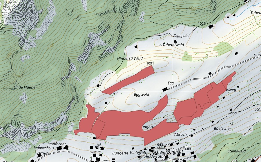 Carte nationale swisstopo avec le périmètre protégé de Buechistock (Prairie sèche)