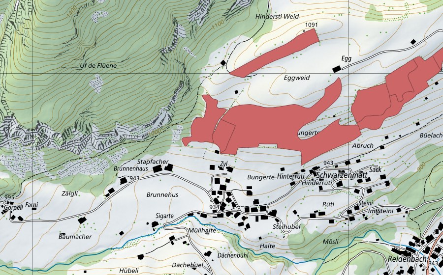 Carte nationale swisstopo avec le périmètre protégé de Buechistock (Prairie sèche)
