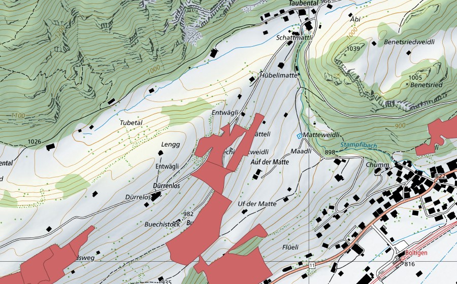 Landeskarte swisstopo mit dem Schutzperimeter von Buechistock (Trockenwiese)