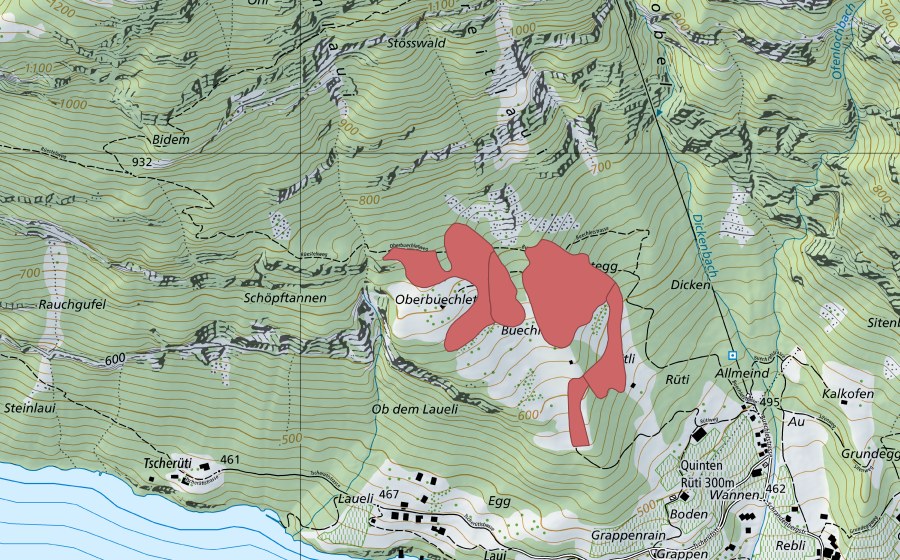 Carte nationale swisstopo avec le périmètre protégé de Buechlet (Prairie sèche)