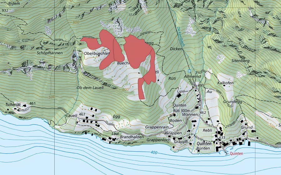 Landeskarte swisstopo mit dem Schutzperimeter von Buechlet (Trockenwiese)
