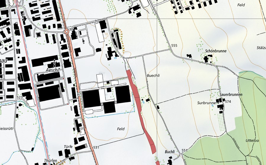 Carte nationale swisstopo avec le périmètre protégé de Buechli (Prairie sèche)