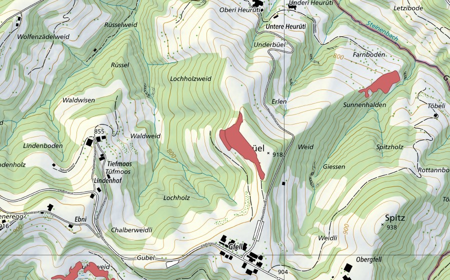 Carte nationale swisstopo avec le périmètre protégé de Büel (Prairie sèche)