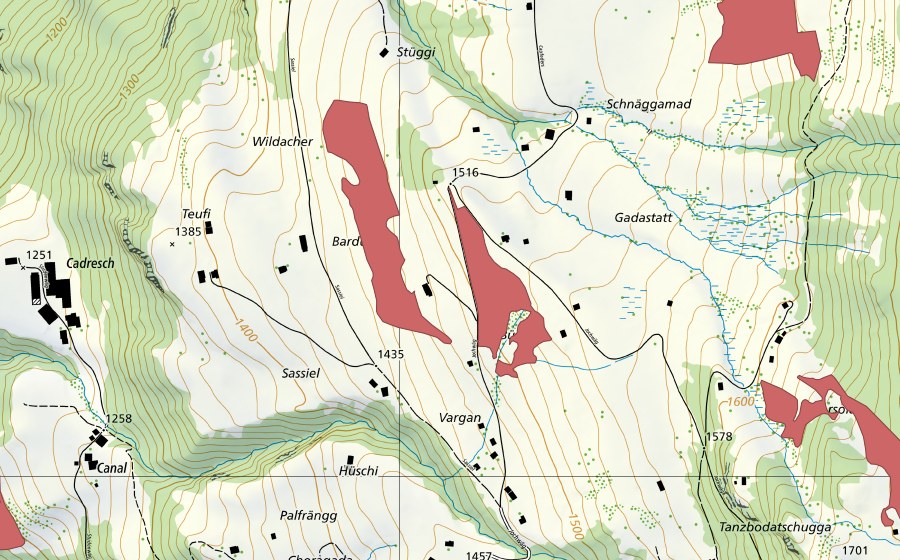 Landeskarte swisstopo mit dem Schutzperimeter von Büel (Trockenwiese)