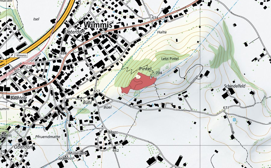 Carte nationale swisstopo avec le périmètre protégé de Büel (Prairie sèche)