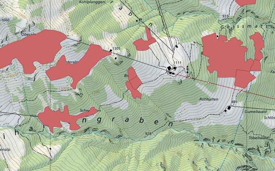 swisstopo national map showing the protected perimeter of Büelen (Dry meadow)