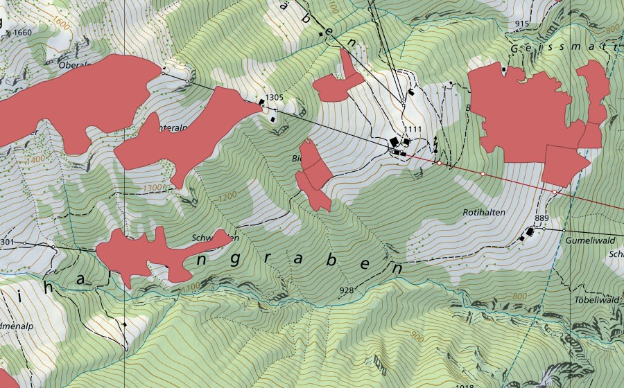 Carte nationale swisstopo avec le périmètre protégé de Büelen (Prairie sèche)