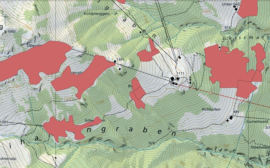Carte nationale swisstopo avec le périmètre protégé de Büelen (Prairie sèche)