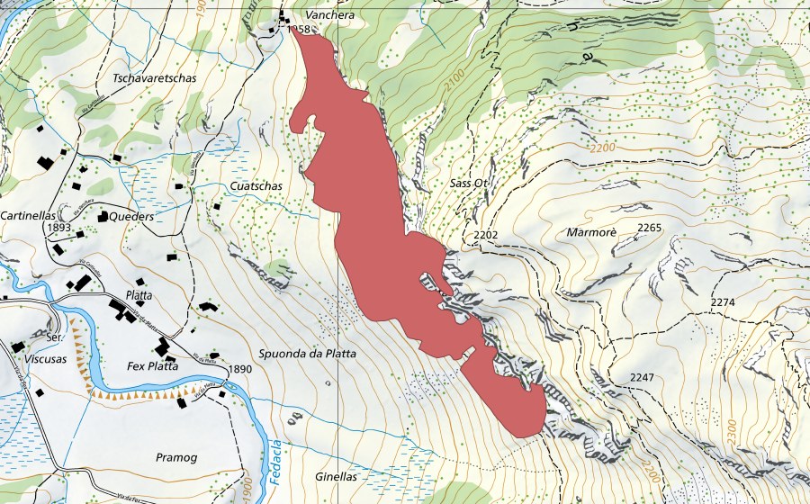 swisstopo national map showing the protected perimeter of Buels (Dry meadow)