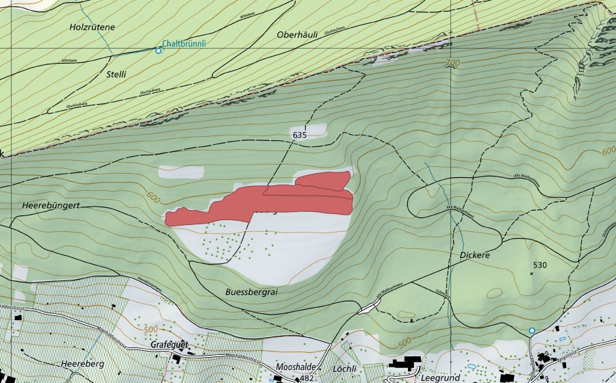 Landeskarte swisstopo mit dem Schutzperimeter von Buessberg (Trockenwiese)