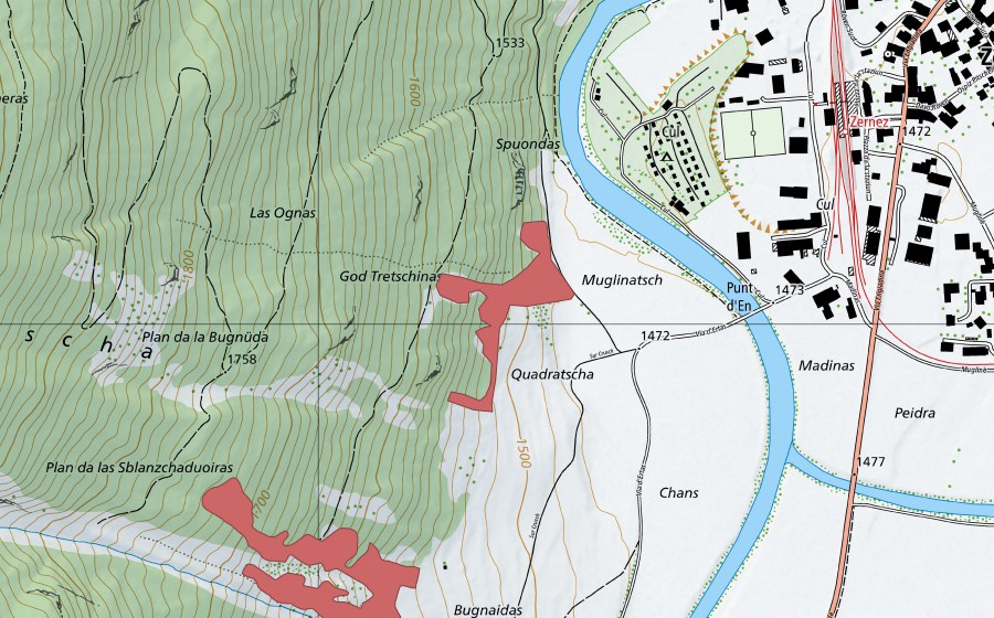 Carte nationale swisstopo avec le périmètre protégé de Bugnaidas (Prairie sèche)