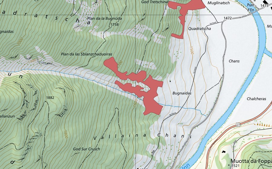 swisstopo national map showing the protected perimeter of Bugnaidas (Dry meadow)
