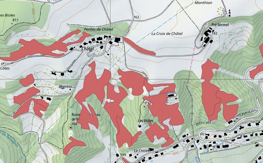 Landeskarte swisstopo mit dem Schutzperimeter von Bugnaux (Trockenwiese)