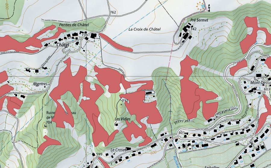 Carte nationale swisstopo avec le périmètre protégé de Bugnaux (Prairie sèche)