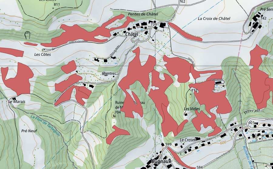 Carte nationale swisstopo avec le périmètre protégé de Bugnaux (Prairie sèche)
