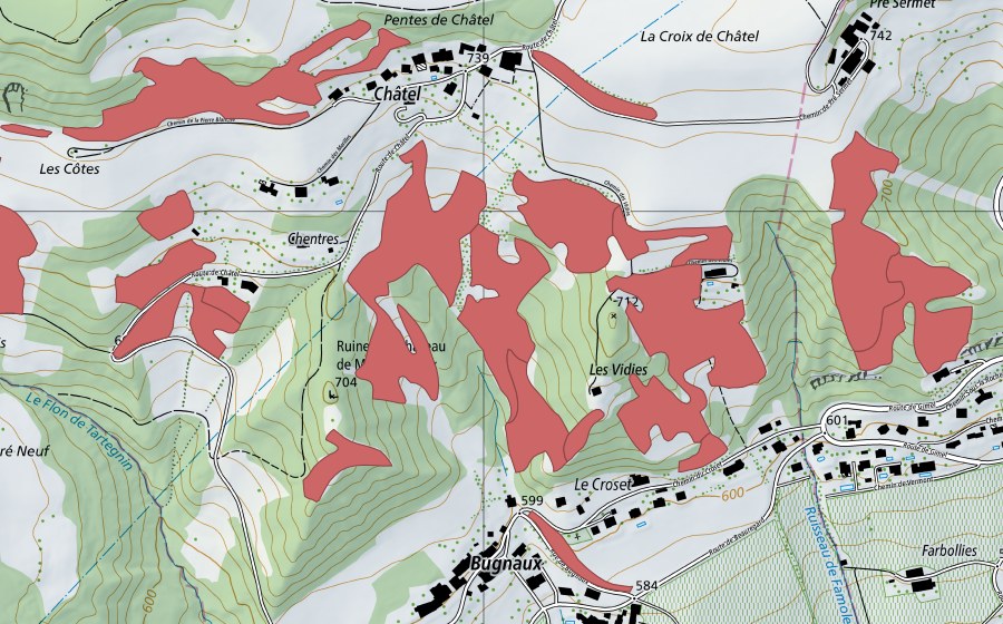 Carte nationale swisstopo avec le périmètre protégé de Bugnaux (Prairie sèche)