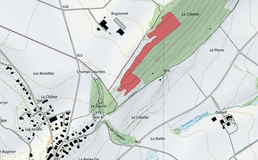 Carte nationale swisstopo avec le périmètre protégé de Bugnonet (Prairie sèche)