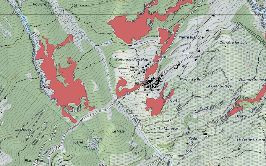 Landeskarte swisstopo mit dem Schutzperimeter von Buitonnaz (Trockenwiese)