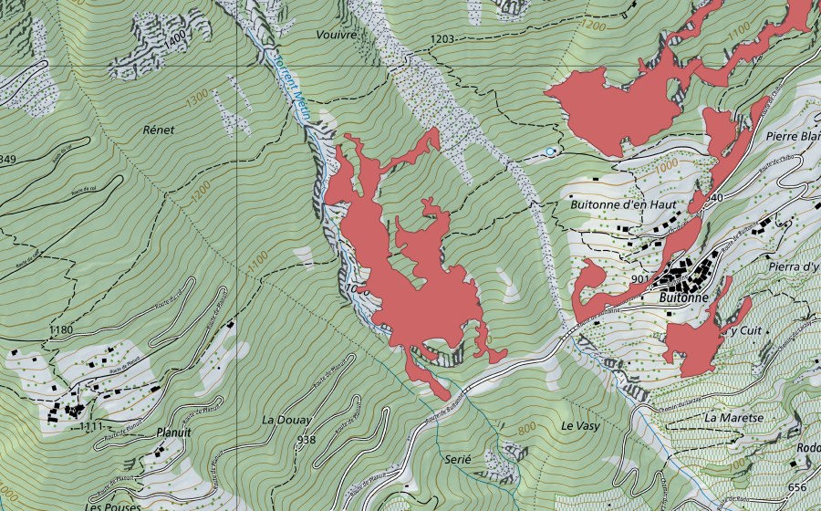 Carte nationale swisstopo avec le périmètre protégé de Buitonnaz (Prairie sèche)