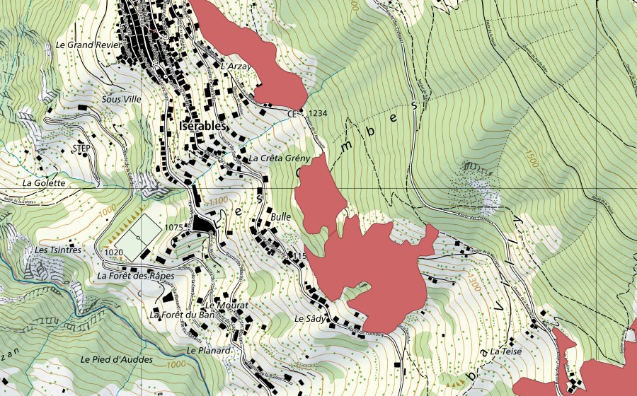 Carte nationale swisstopo avec le périmètre protégé de Bulle (Prairie sèche)