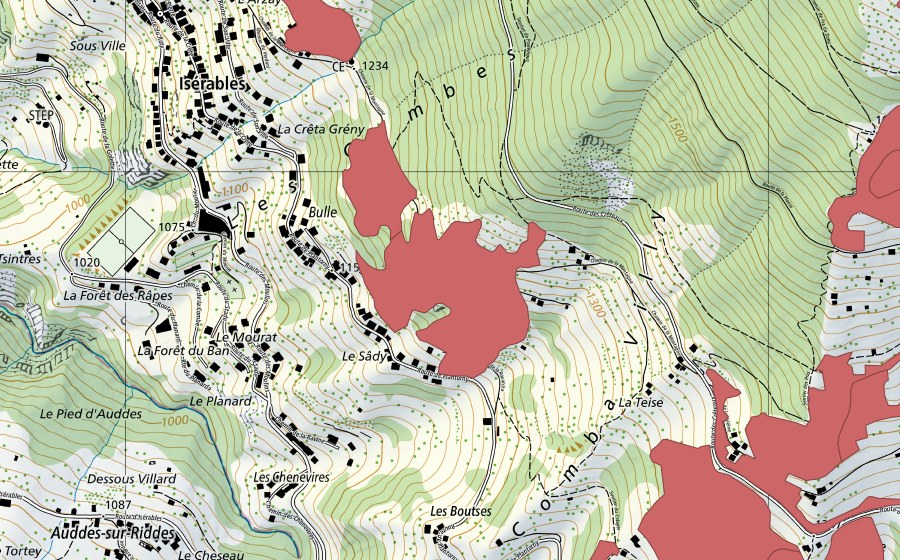 swisstopo national map showing the protected perimeter of Bulle (Dry meadow)