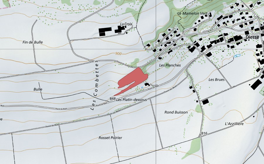 Carte nationale swisstopo avec le périmètre protégé de Bulle (Prairie sèche)