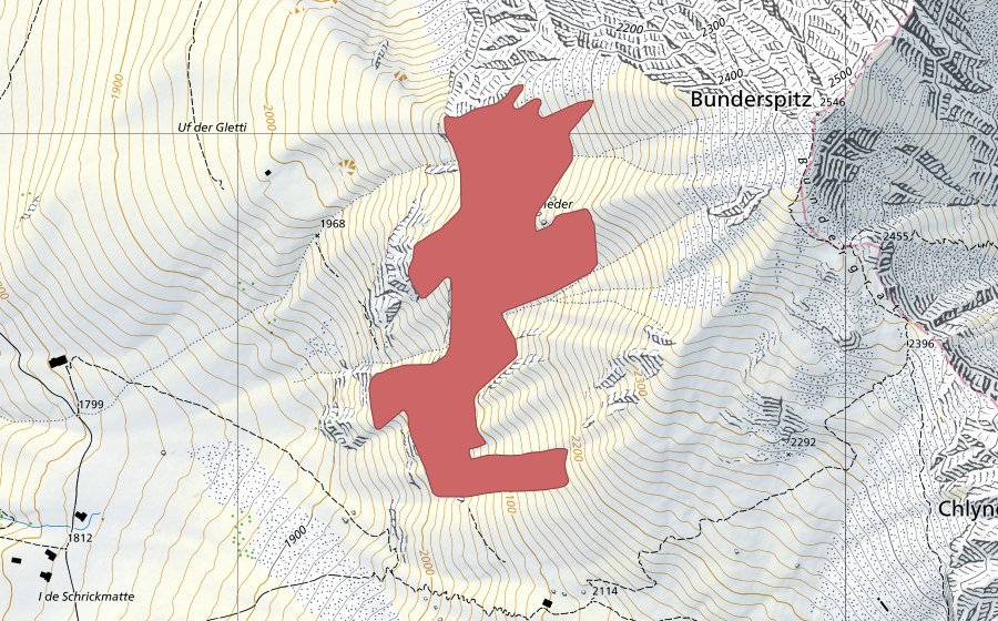 Carte nationale swisstopo avec le périmètre protégé de Bunderspitz (Prairie sèche)