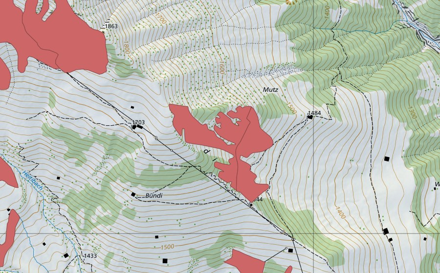 Landeskarte swisstopo mit dem Schutzperimeter von Bündiegg (Trockenwiese)