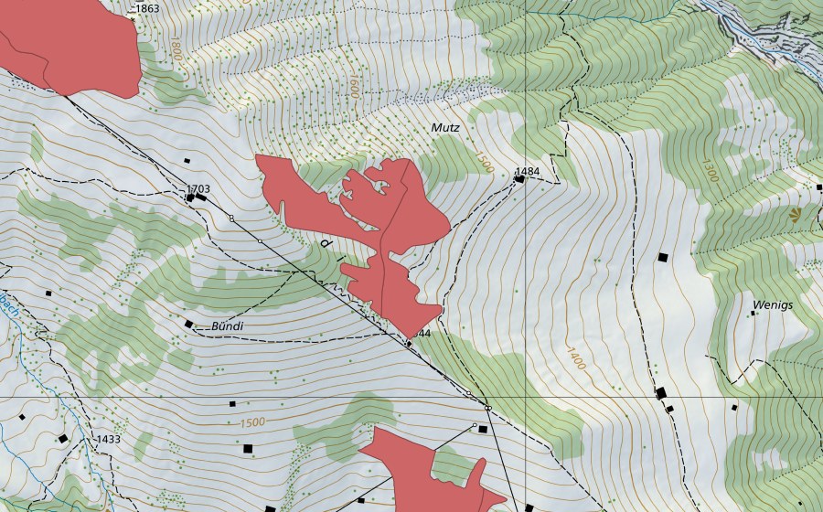 Carte nationale swisstopo avec le périmètre protégé de Bündiegg (Prairie sèche)