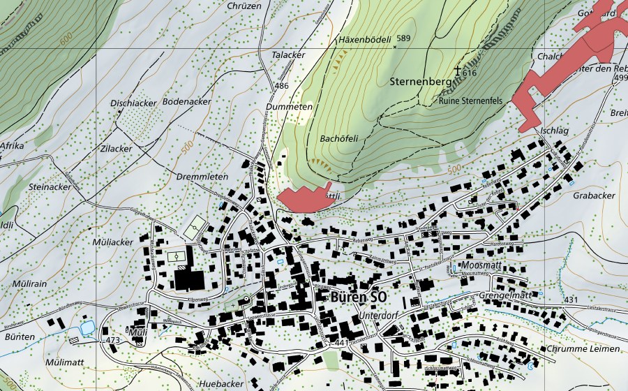 Carte nationale swisstopo avec le périmètre protégé de Büren (Prairie sèche)