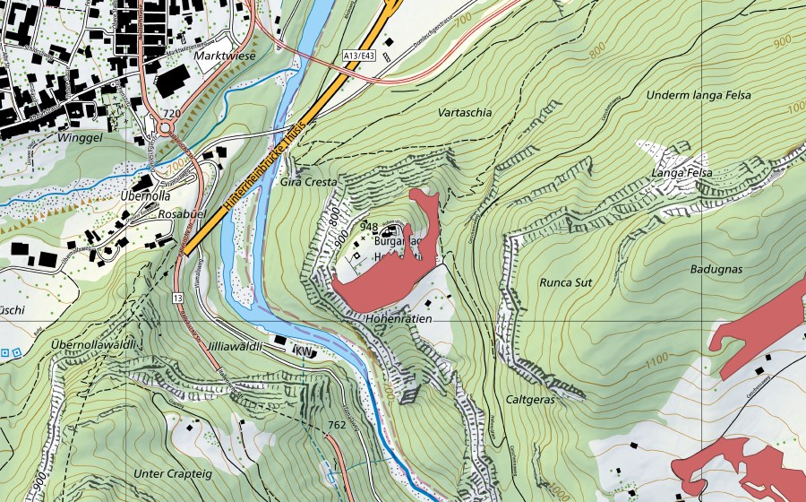Carta nazionale swisstopo con il perimetro protetto di Burg Hohenrätien (Prato secco)