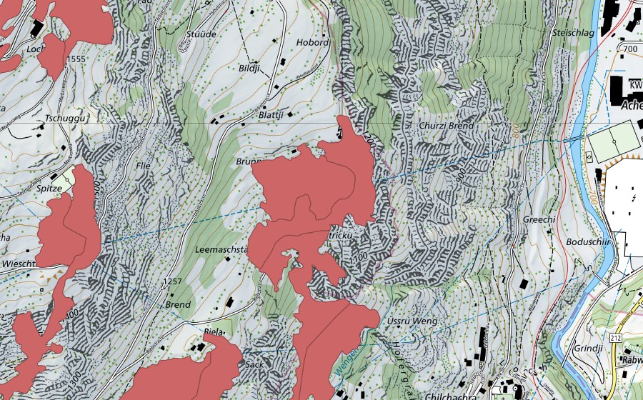Carte nationale swisstopo avec le périmètre protégé de Burgachra (Prairie sèche)