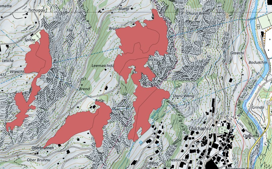 Carte nationale swisstopo avec le périmètre protégé de Burgachra (Prairie sèche)