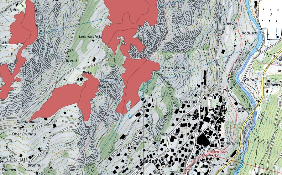 swisstopo national map showing the protected perimeter of Burgachra (Dry meadow)