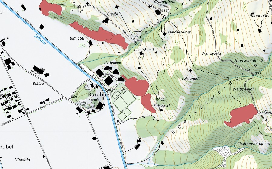 Carte nationale swisstopo avec le périmètre protégé de Burgbüel (Prairie sèche)