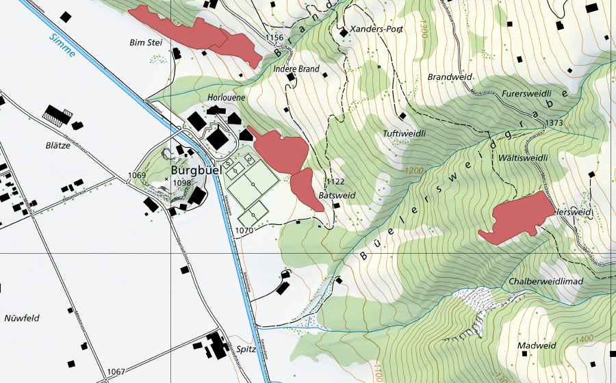 Carte nationale swisstopo avec le périmètre protégé de Burgbüel (Prairie sèche)