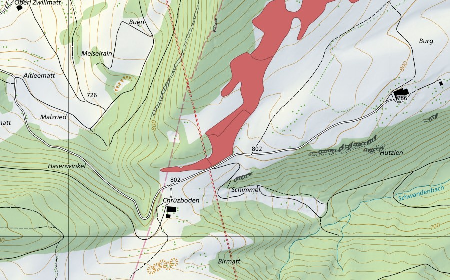 swisstopo national map showing the protected perimeter of Burgweid (Dry meadow)