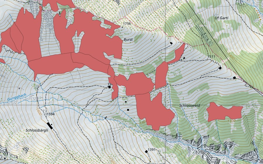 Carte nationale swisstopo avec le périmètre protégé de Burstegg (Prairie sèche)