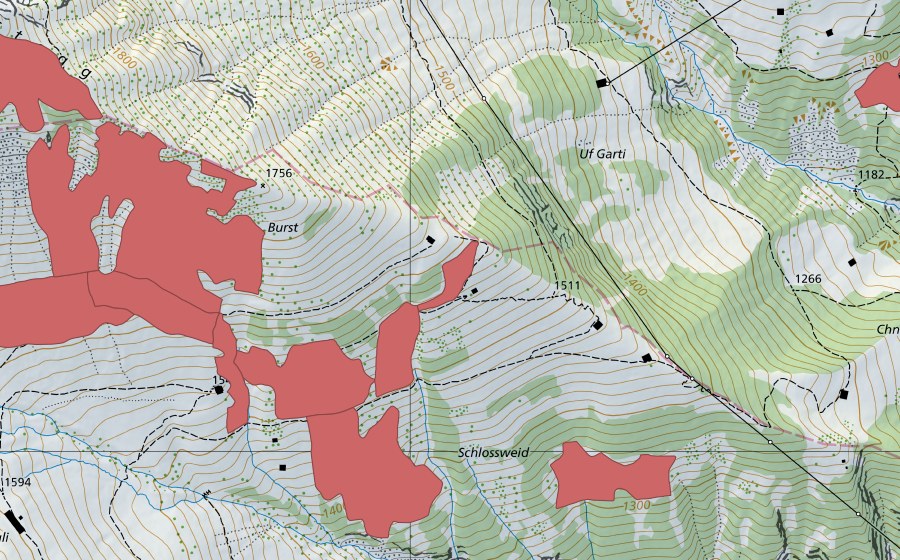 Carte nationale swisstopo avec le périmètre protégé de Burstegg (Prairie sèche)