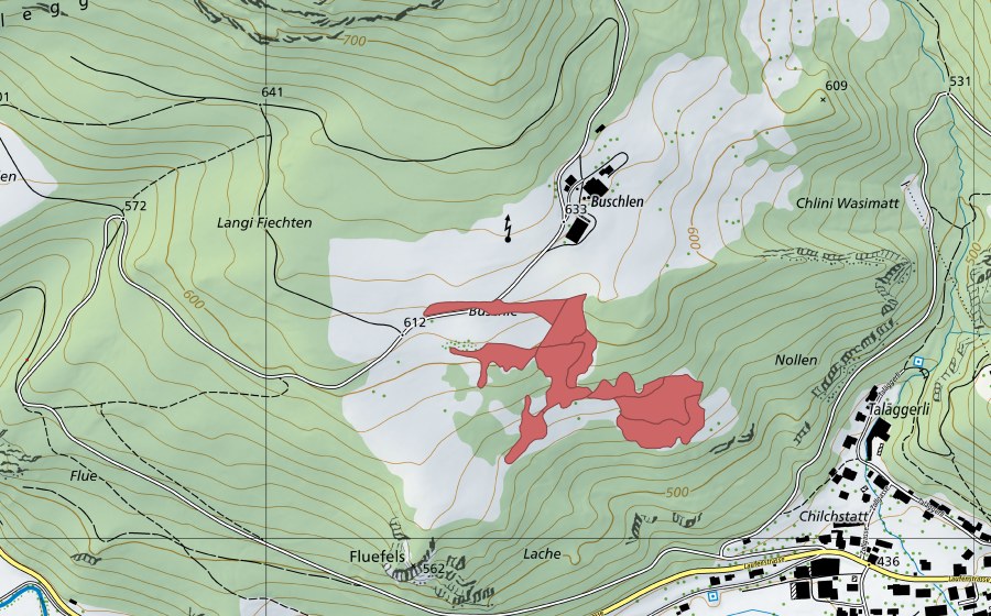 Carte nationale swisstopo avec le périmètre protégé de Buschle (Prairie sèche)