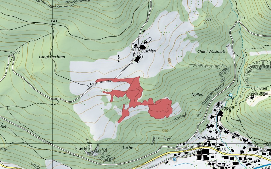 Carte nationale swisstopo avec le périmètre protégé de Buschle (Prairie sèche)