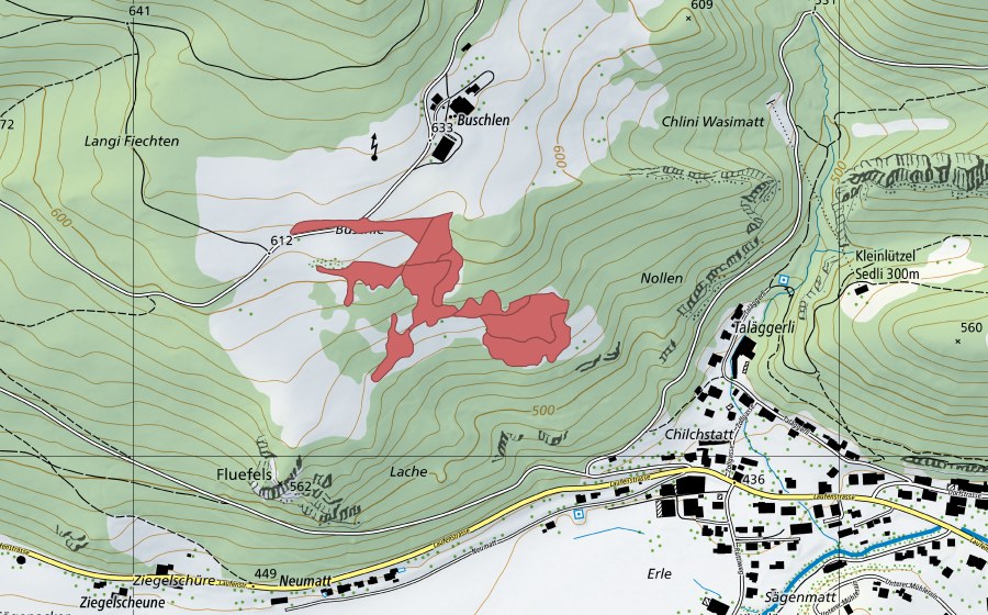 swisstopo national map showing the protected perimeter of Buschle (Dry meadow)