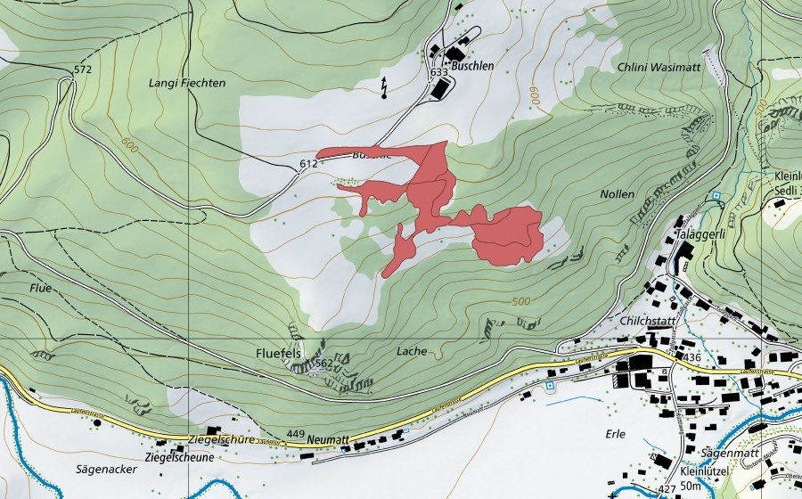 Carte nationale swisstopo avec le périmètre protégé de Buschle (Prairie sèche)